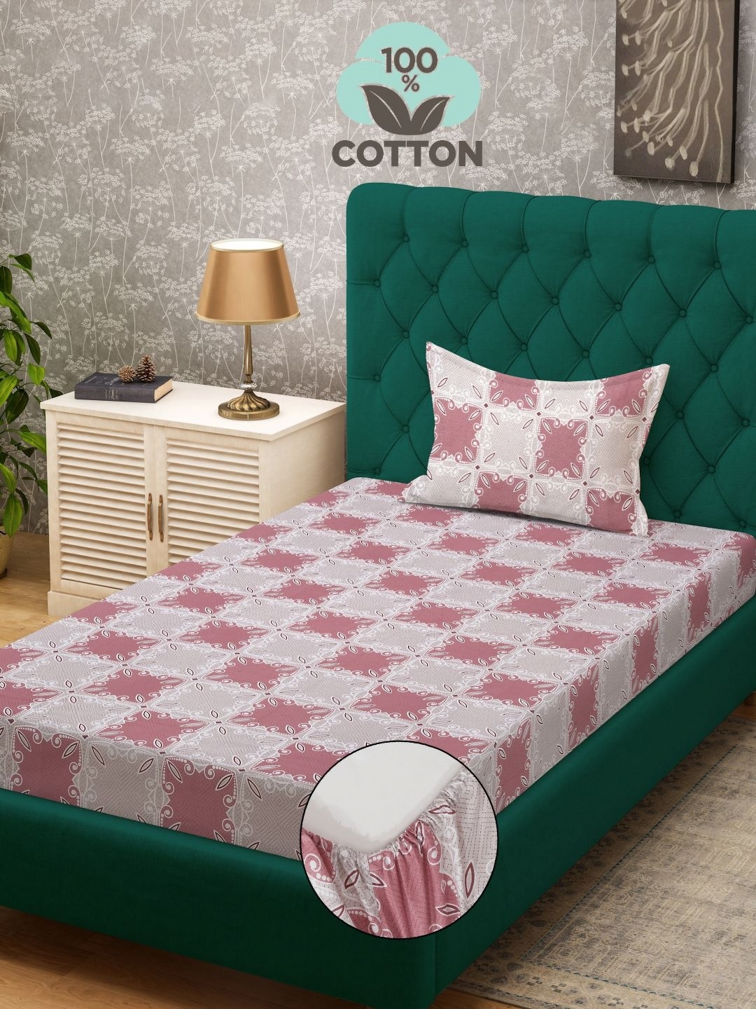 

KLOTTHE Pink Floral 400 TC Pure Cotton Fitted Single Bedsheet with Pillow Cover