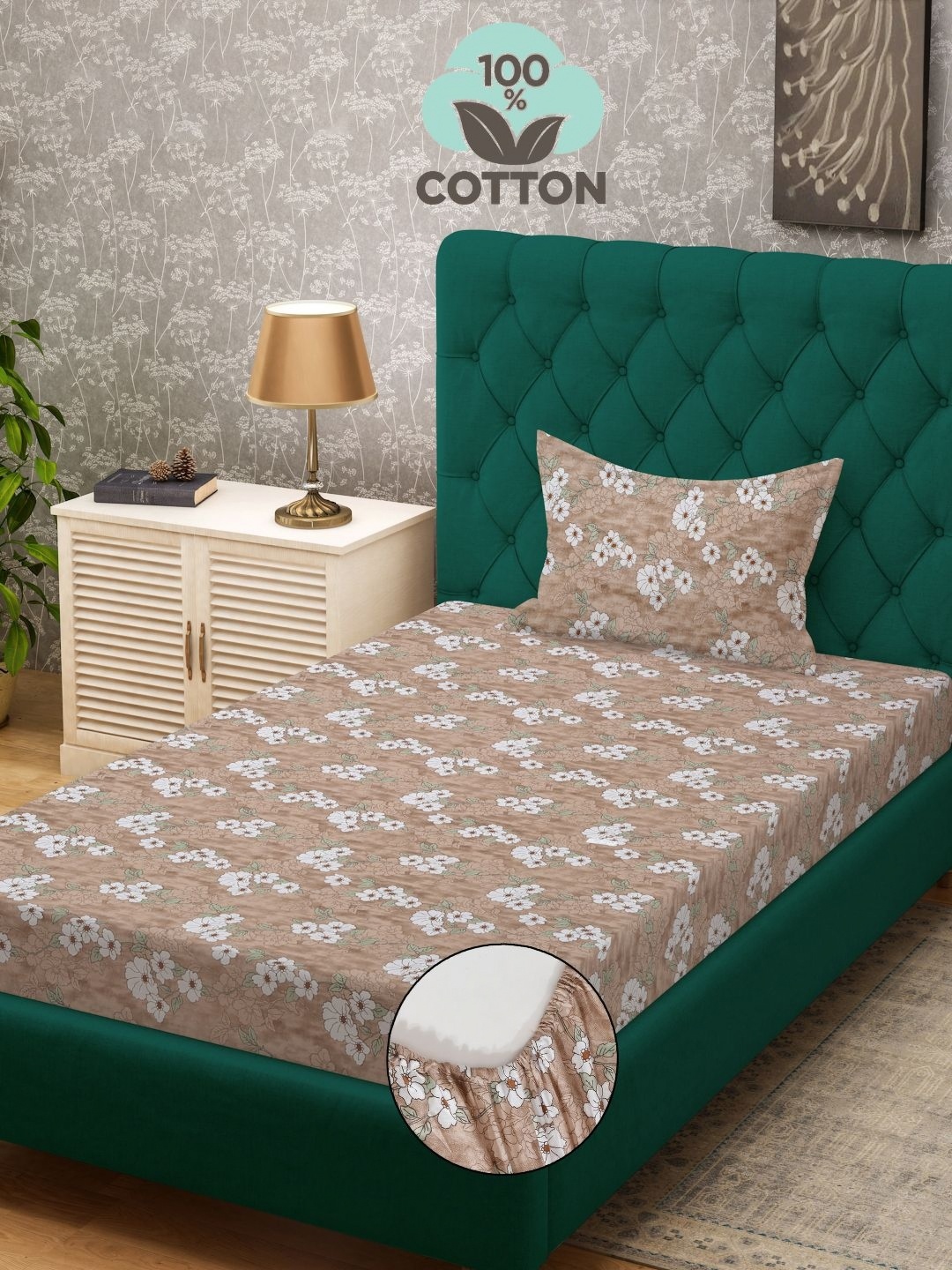

KLOTTHE Beige Printed 400 TC Pure Cotton Single Bed Fitted Bedsheet & 1 Pillow Cover