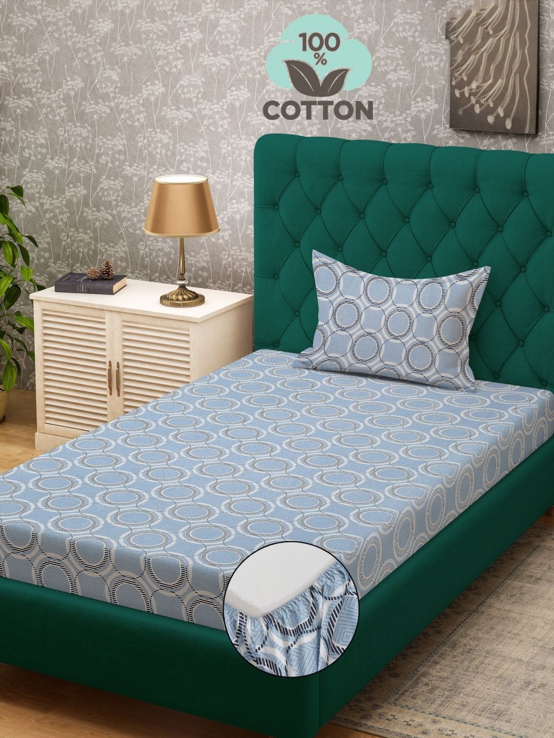 

KLOTTHE Blue Printed Pure Cotton 400TC Single Fitted Bedsheet & 1 Pillow Cover