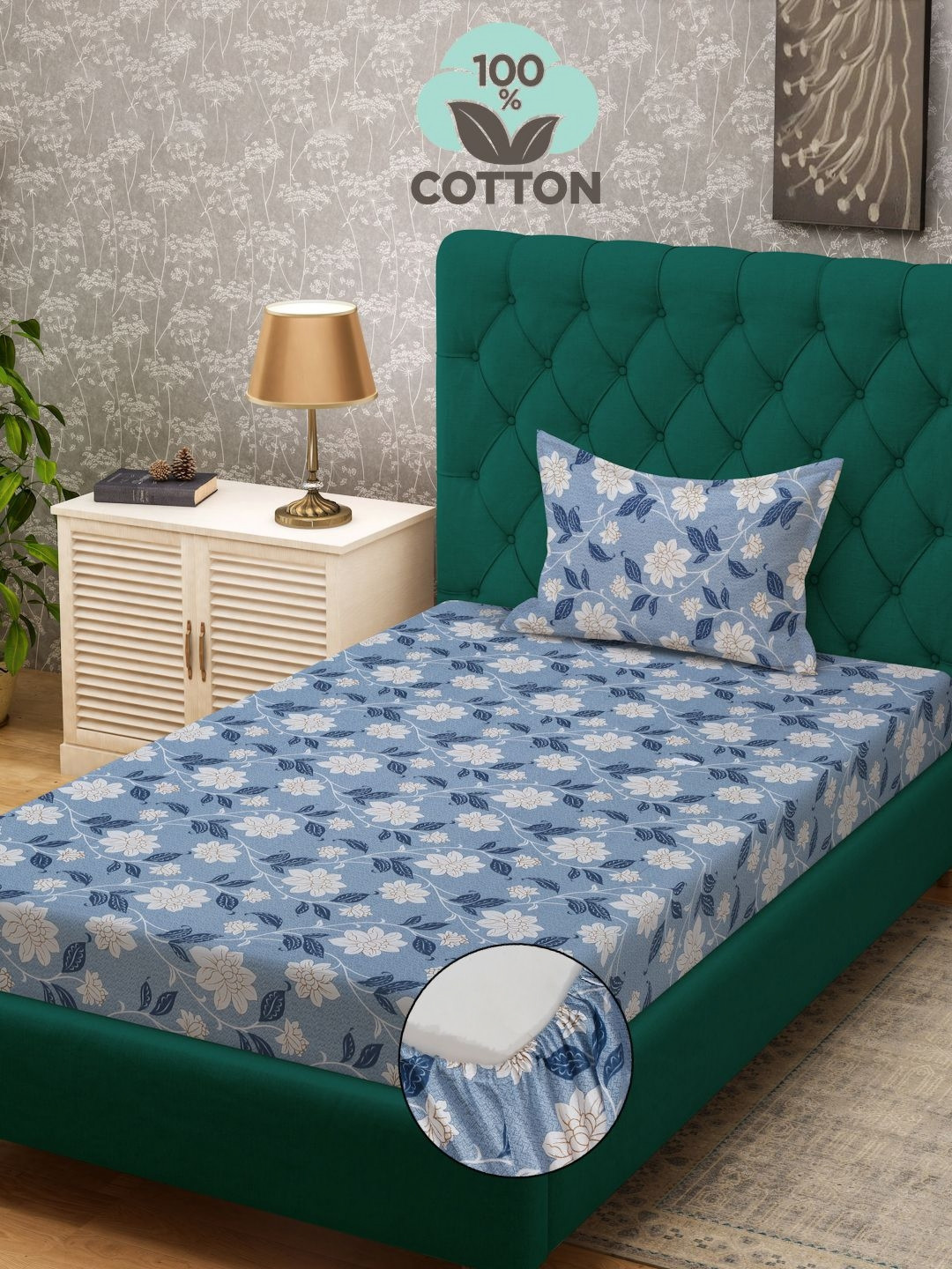 

KLOTTHE Blue Printed 400 TC Pure Cotton Single Bed Fitted Bedsheet & 1 Pillow Cover
