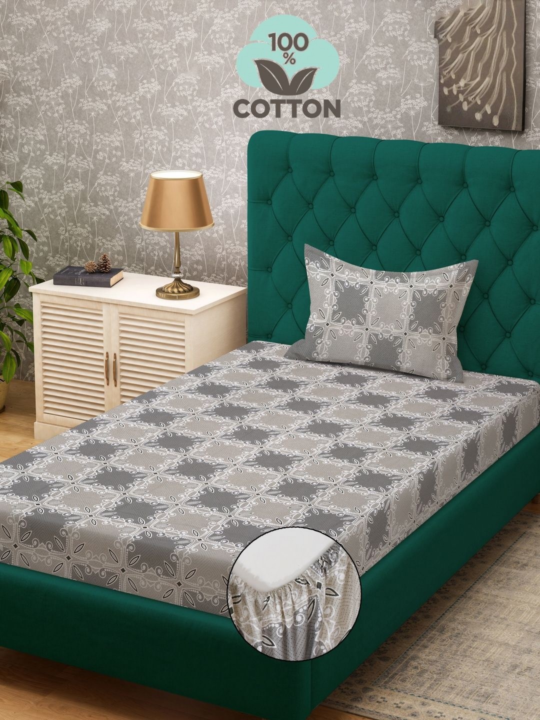 

KLOTTHE Grey Printed Pure Cotton 400TC Single Fitted Bedsheet & 1 Pillow Cover