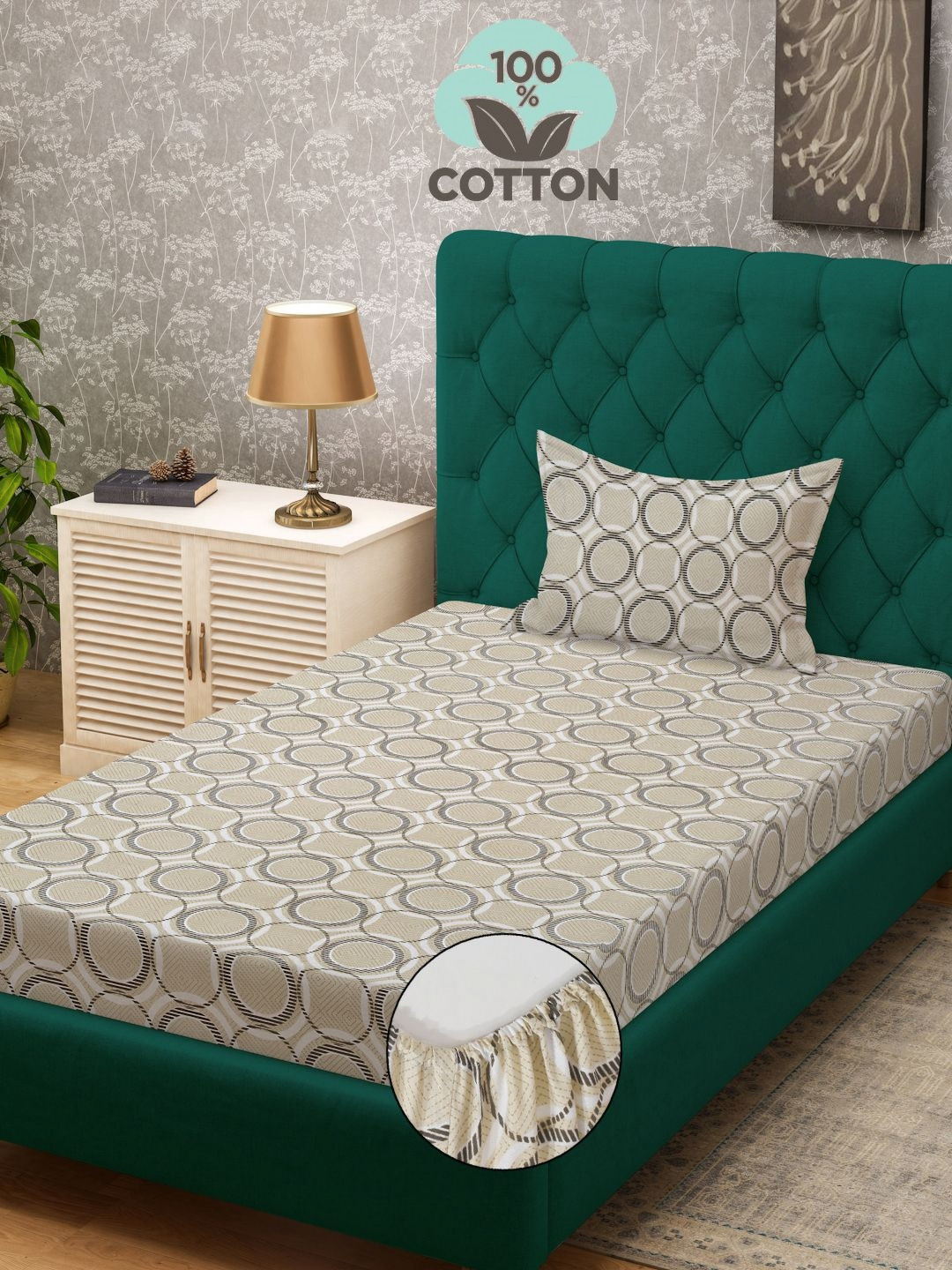 

KLOTTHE Cream Geometric Pure Cotton 400TC Fitted Single Bedsheet & Pillow Cover