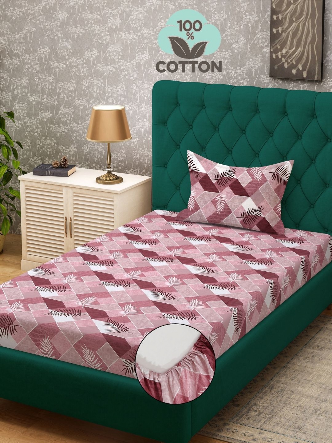 

KLOTTHE Purple Printed Pure Cotton 400TC Single Fitted Bedsheet & 1 Pillow Cover
