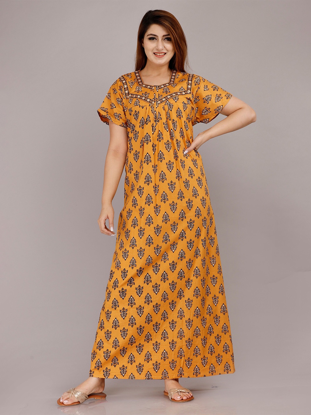 

MAYA PRINT Printed Maxi Nightdress, Yellow