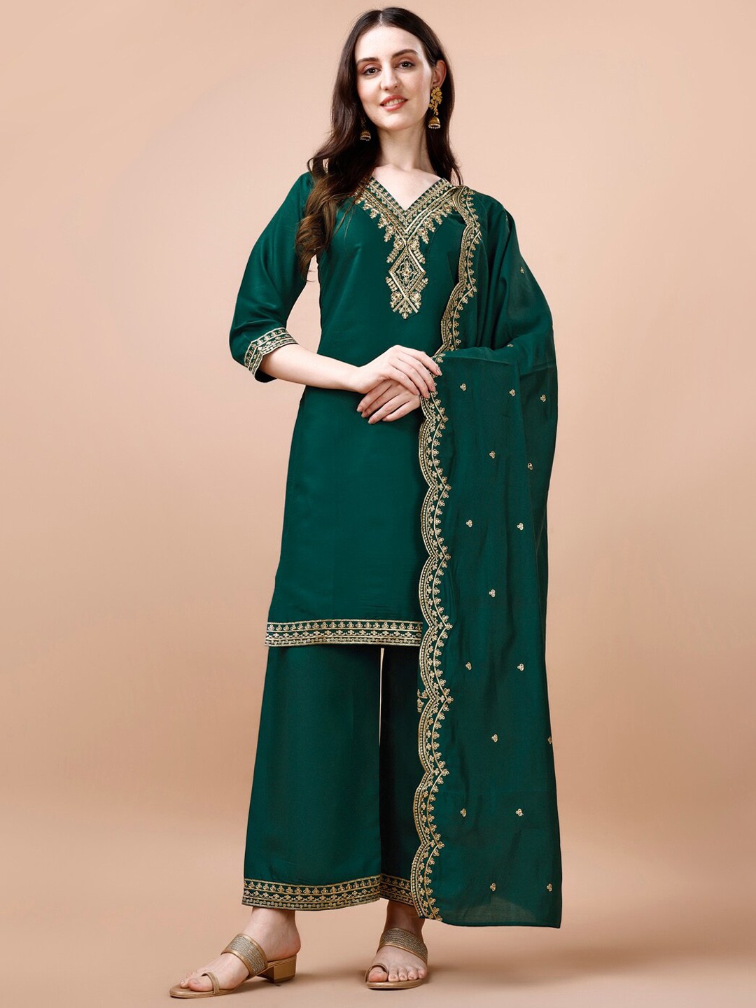 

KALINI Ethnic Motifs Embroidered Regular Thread Work Kurta with Palazzos & Dupatta, Green