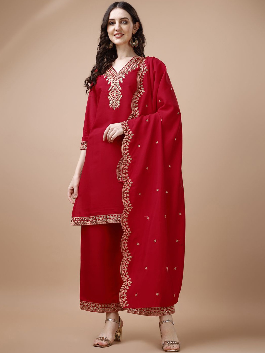 

KALINI Ethnic Motifs Embroidered Regular Thread Work Kurta with Palazzos & Dupatta, Red