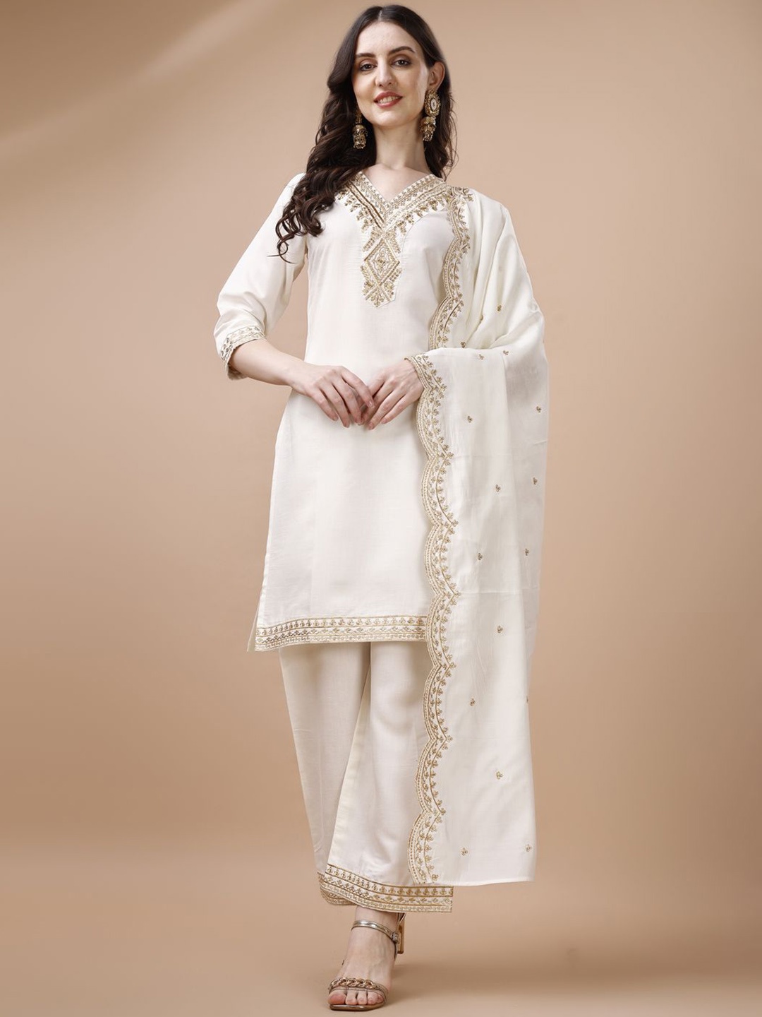 

KALINI Ethnic Motifs Embroidered Regular Thread Work Kurta with Palazzos & Dupatta, White