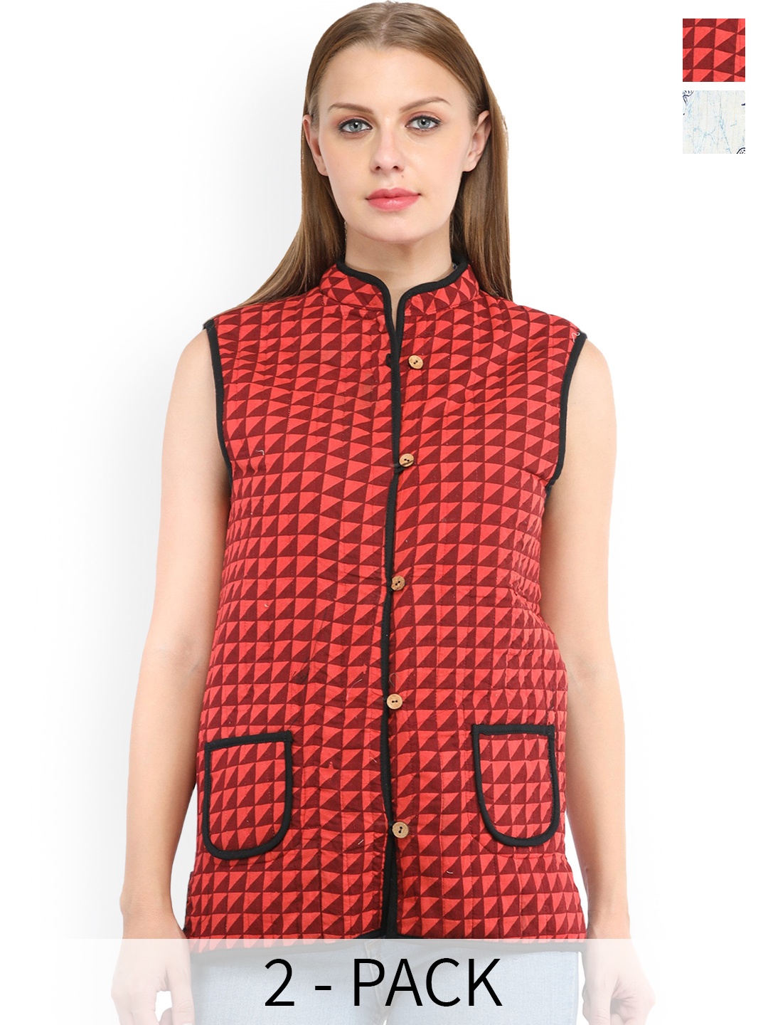 

Exotic India Skyway and Cordovan Pure Cotton Reversible Waistcoat with Printed Trees, Blue
