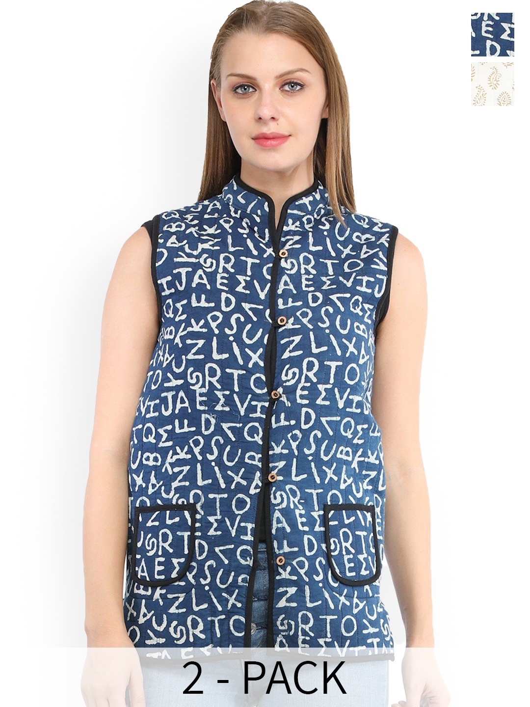 

Exotic India Deep Water Printed English Alphabets Pure Cotton Reversible Waistcoat, Blue