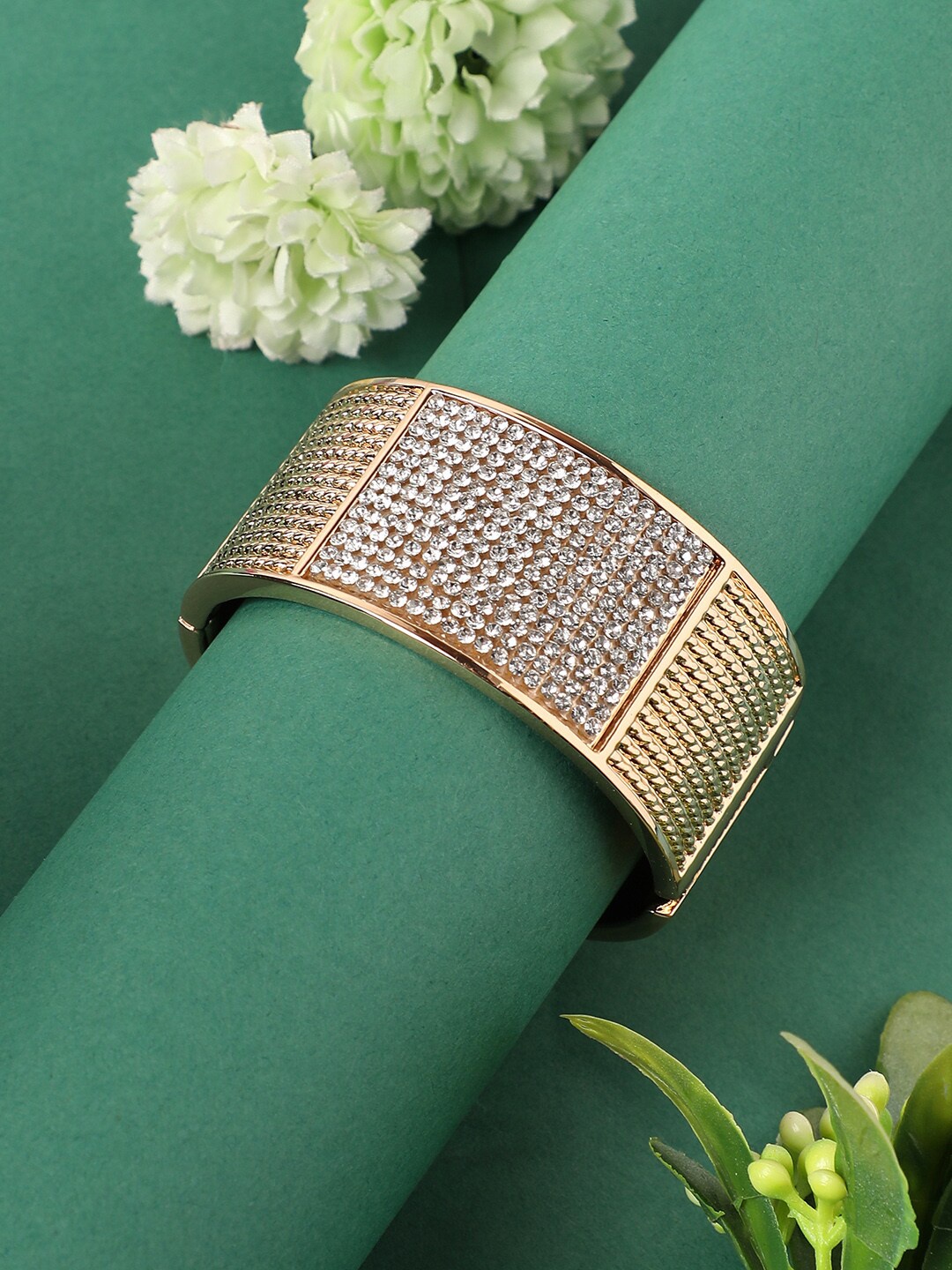 

SOHI Gold-Plated Stones Studded Cluster Cuff Bracelet