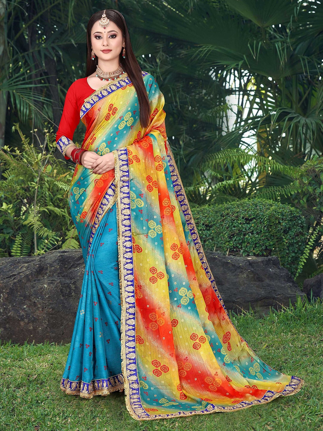 

Mitera Bandhani Embroidered Bandhani Saree, Blue