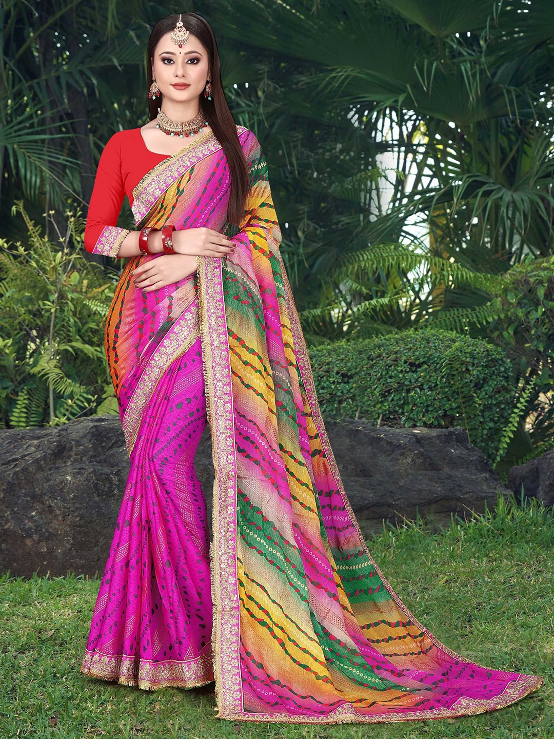 

Mitera Embroidered Bandhani Saree, Pink