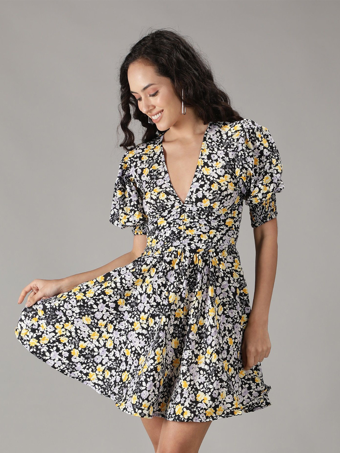 

smisingbee Floral Print Puff Sleeve Fit & Flare Dress, Yellow