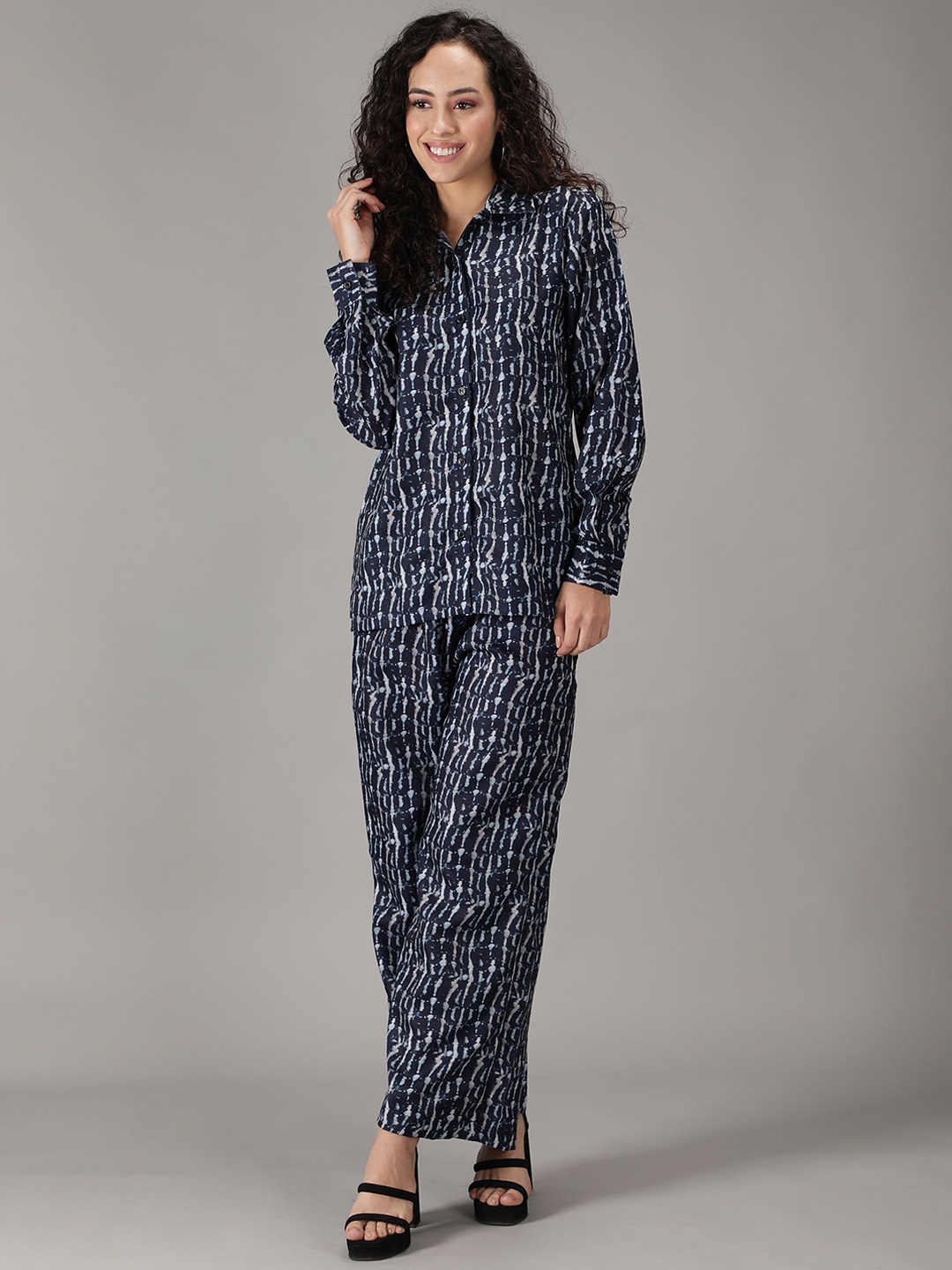 

smisingbee Printed Collar Neck Shirt With Trouser Co-Ords, Blue