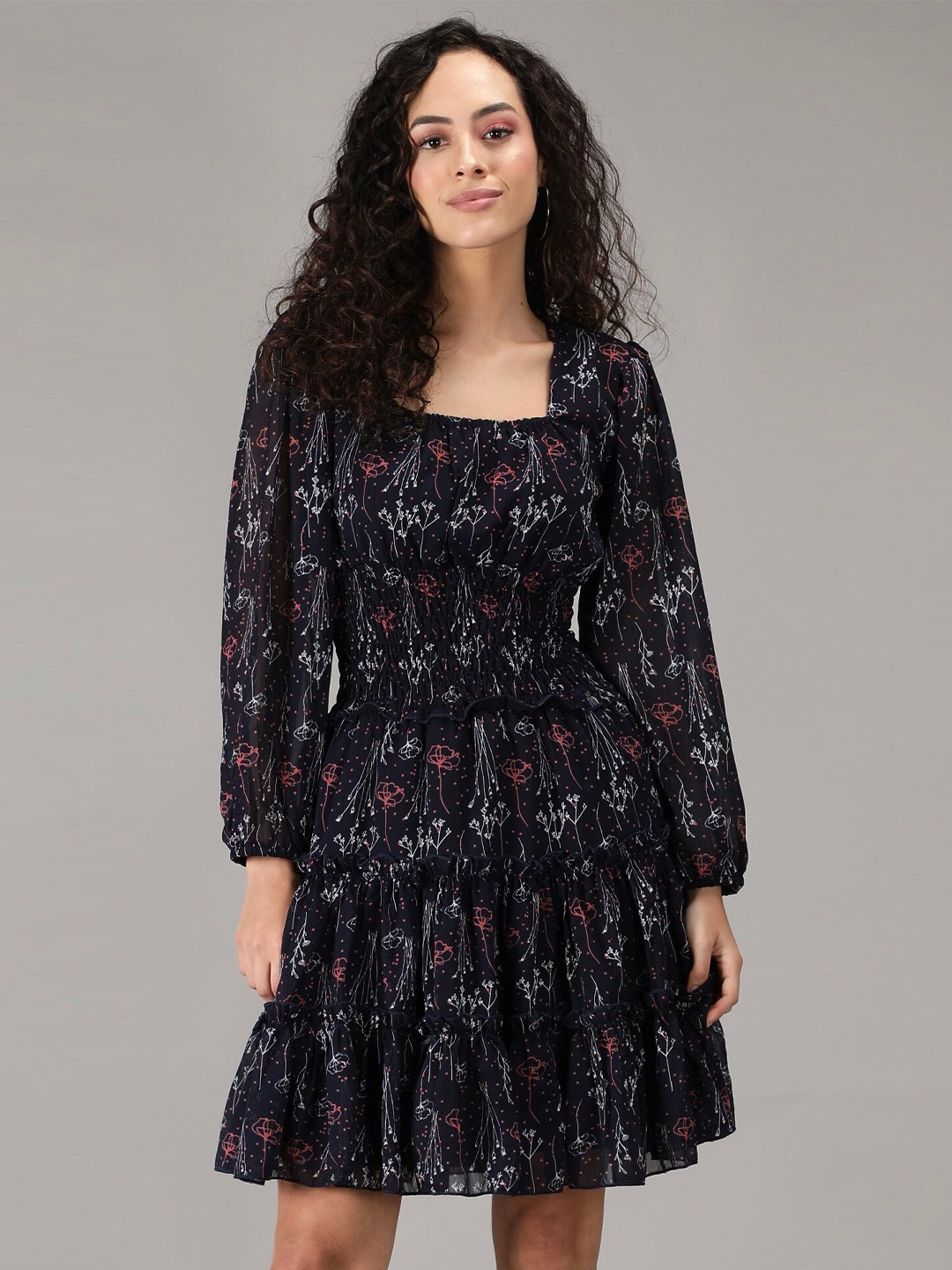 

smisingbee Floral Print Puff Sleeve Fit & Flare Dress, Navy blue