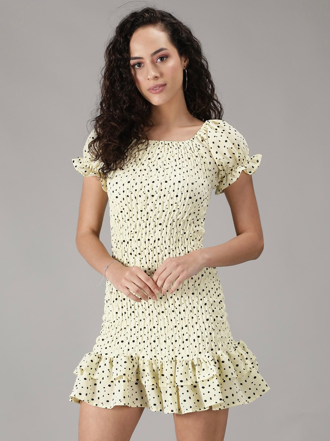 

smisingbee Polka Dot Print Puff Sleeve Drop-Waist Mini Dress, Yellow