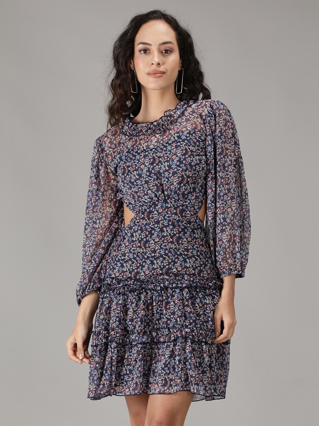 

smisingbee Floral Print Puff Sleeve A-Line Dress, Navy blue