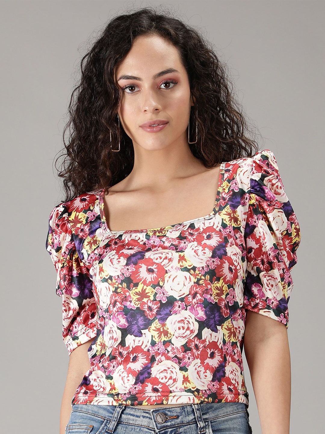 

smisingbee Floral Print Puff Sleeve Georgette Crop Top, Multi