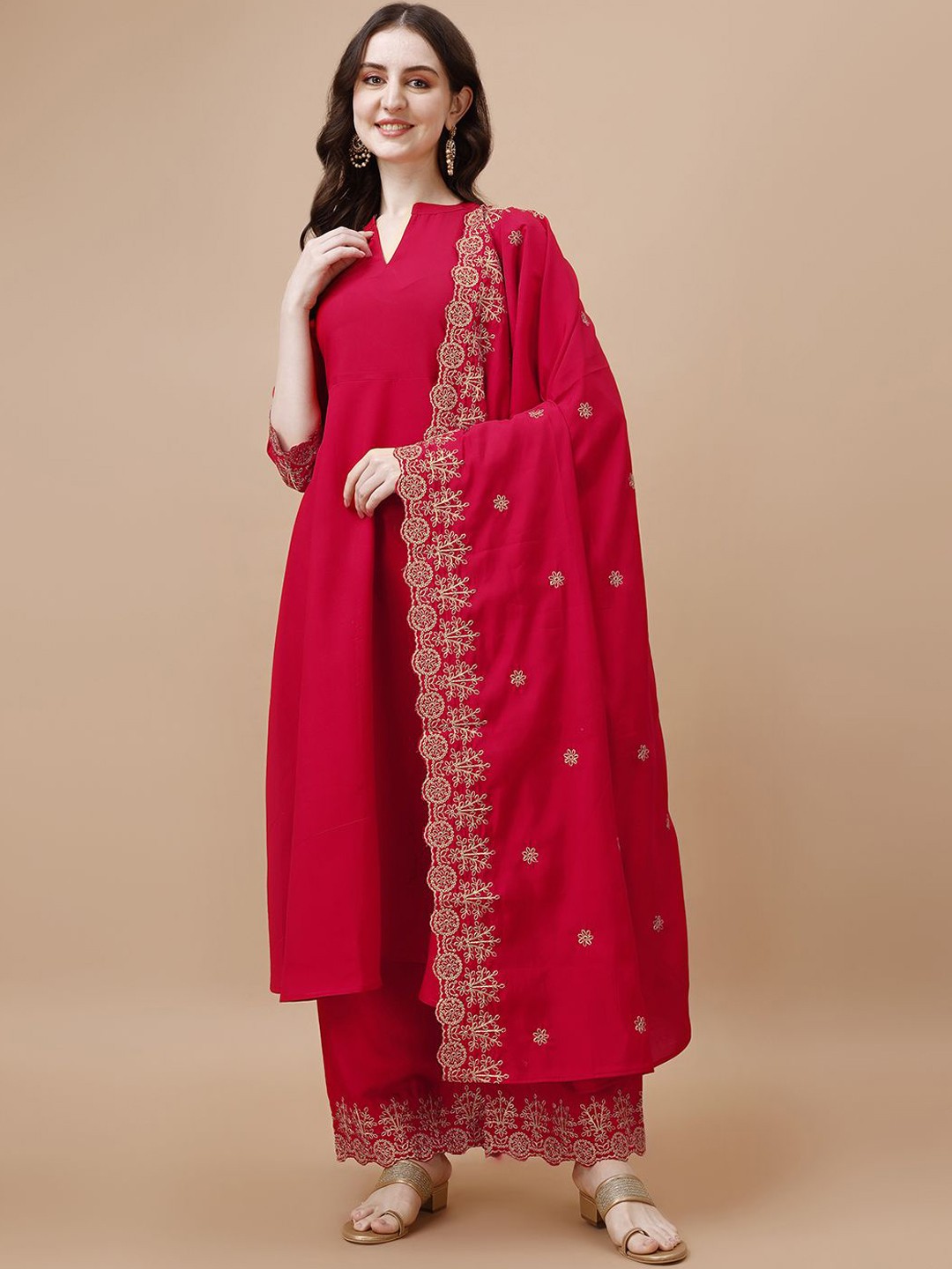 

KALINI Mandarin Collar Thread Work A-Line Kurta With Palazzos & Dupatta, Red