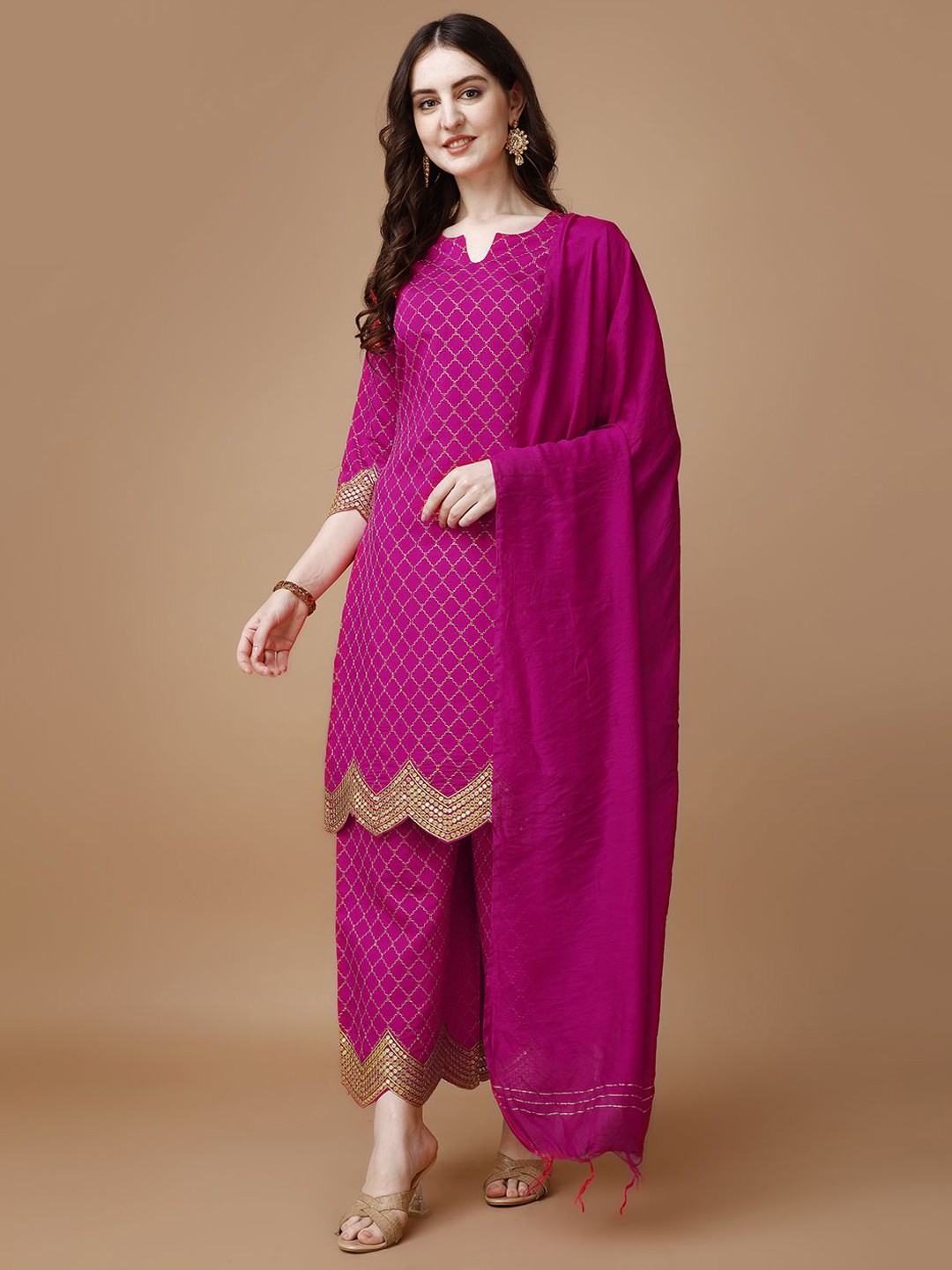 

KALINI Embroidered Regular Thread Work Kurta with Palazzos & Dupatta, Pink