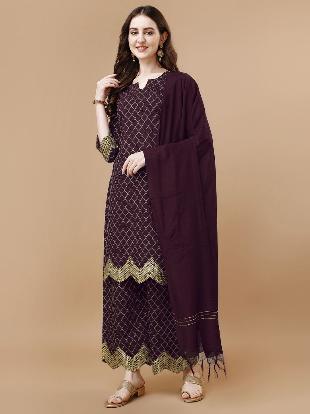 

KALINI Embroidered Regular Thread Work Kurta with Palazzos & Dupatta, Purple