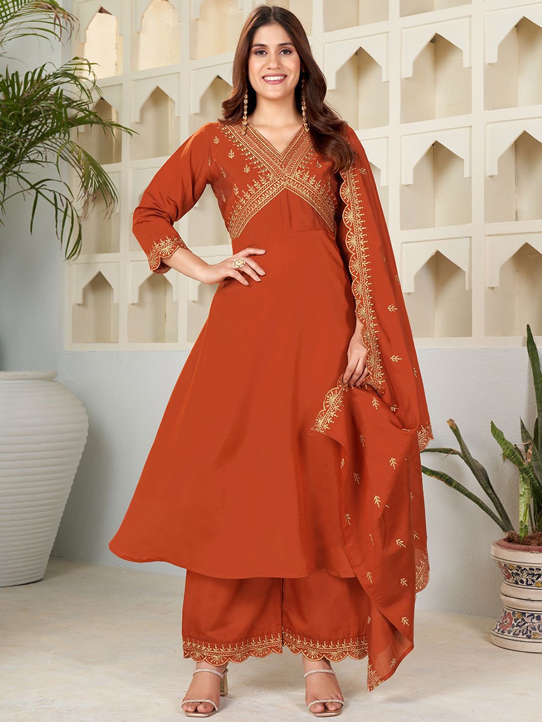 

KALINI Ethnic Motifs Embroidered Yoke Design Zari Kurta with Palazzos & Dupatta, Rust