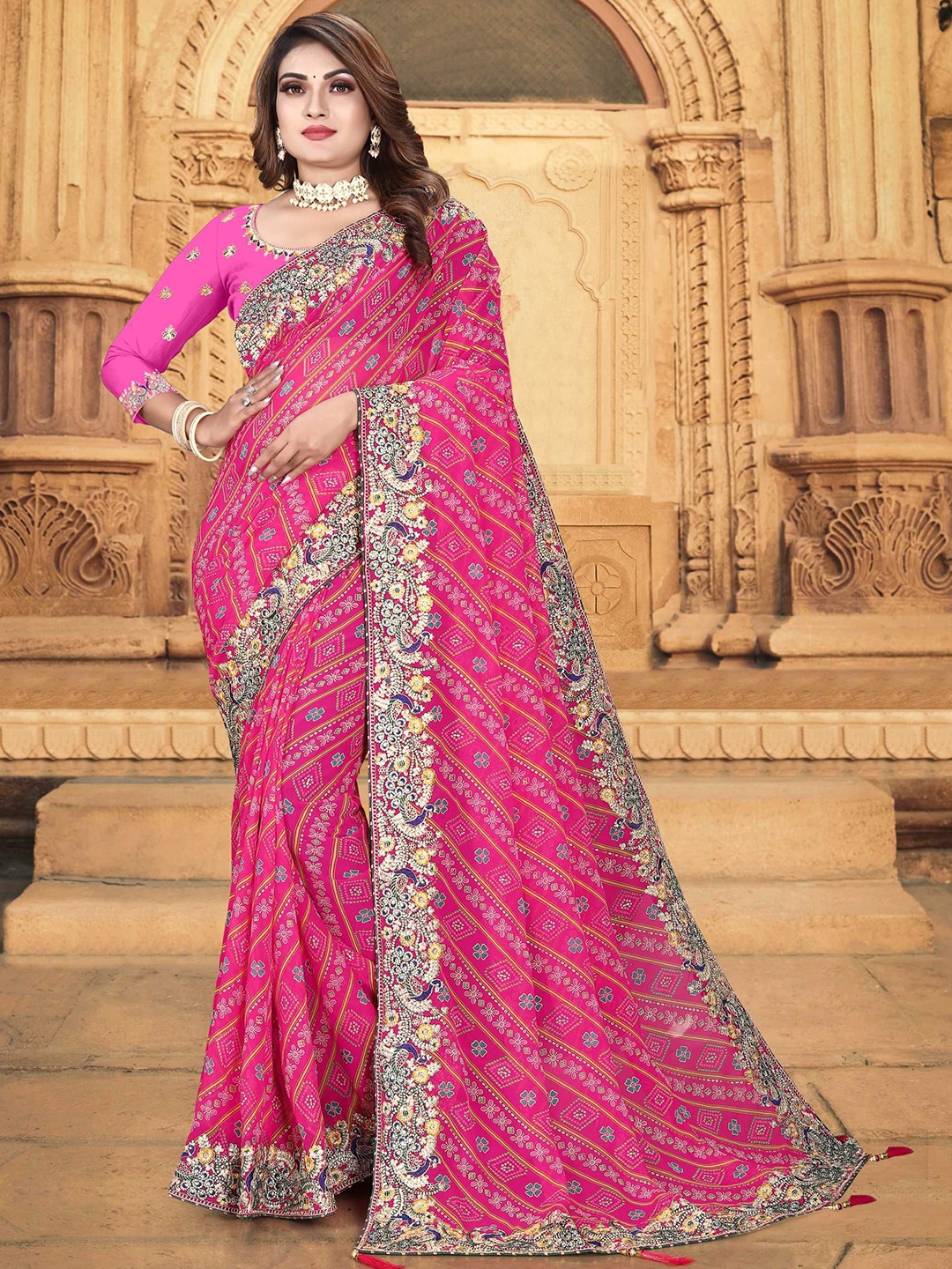 

Mitera Embroidered Bandhani Saree With Blouse Piece, Pink