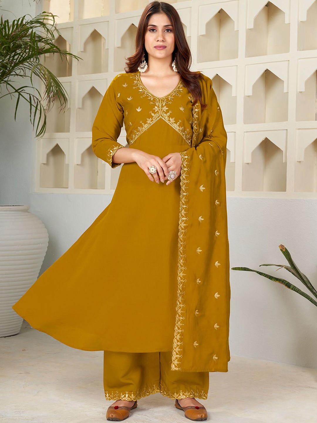 

KALINI Floral Yoke Design V-Neck Thread Work Anarkali Kurta with Palazzos & Dupatta, Mustard