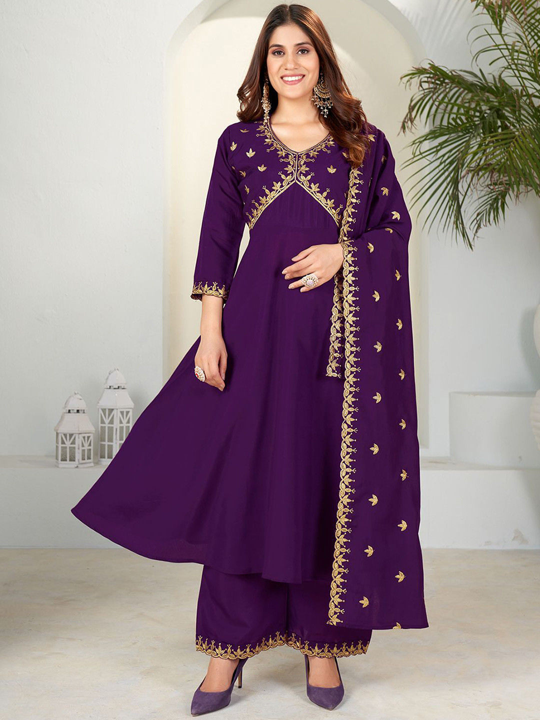 

KALINI Ethnic Motifs Yoke Design Thread Work Anarkali Kurta with Palazzos & Dupatta, Purple