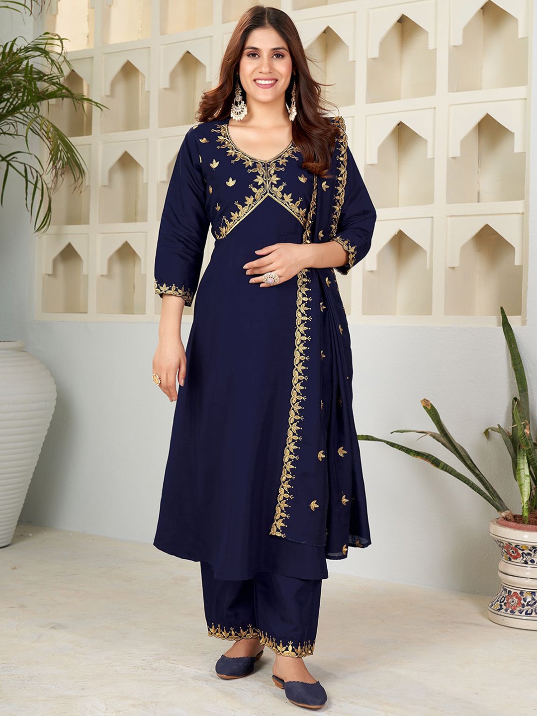 

KALINI Floral Yoke Design V-Neck Thread Work Anarkali Kurta with Palazzo & Dupatta, Navy blue