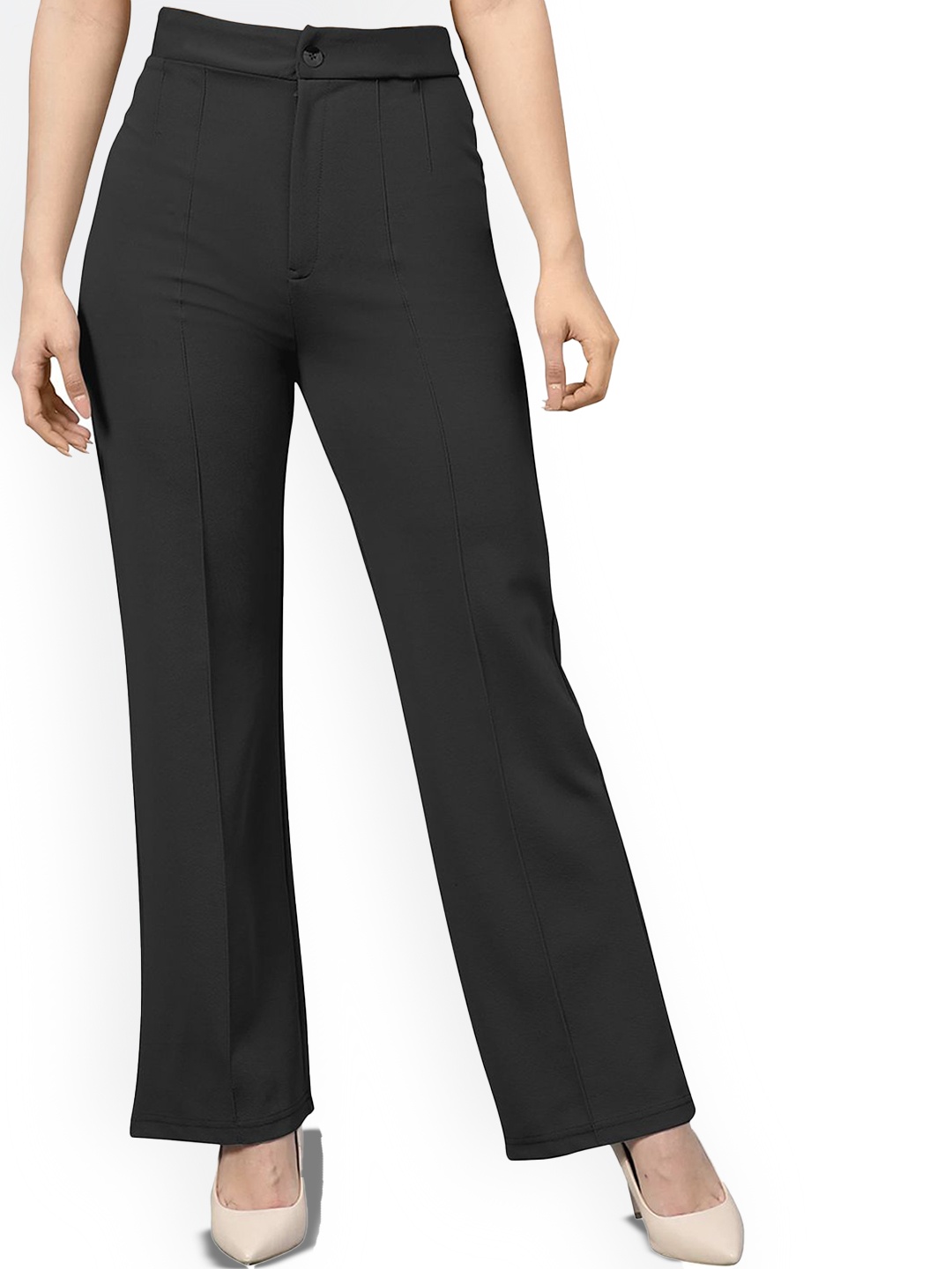 

BAESD Women Relaxed Fit Mid-Rise Easy Wash Flat-Front Regular Trousers, Black