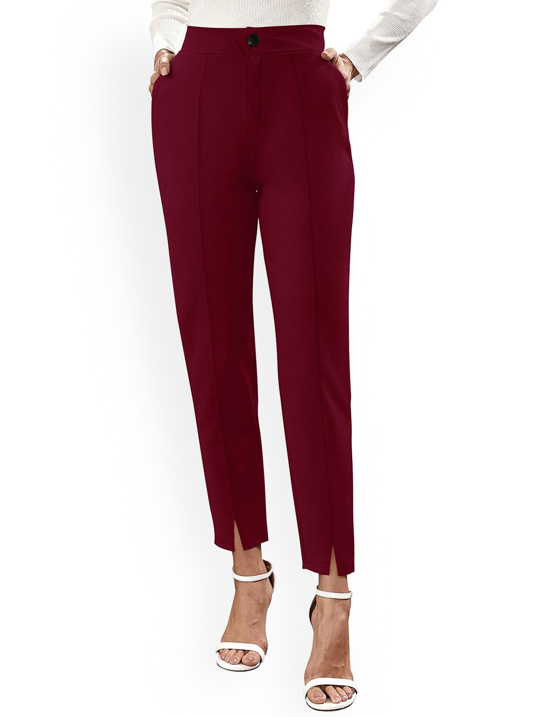 

BAESD Women Relaxed Straight Leg Mid-Rise Easy Wash Regular Trousers, Maroon