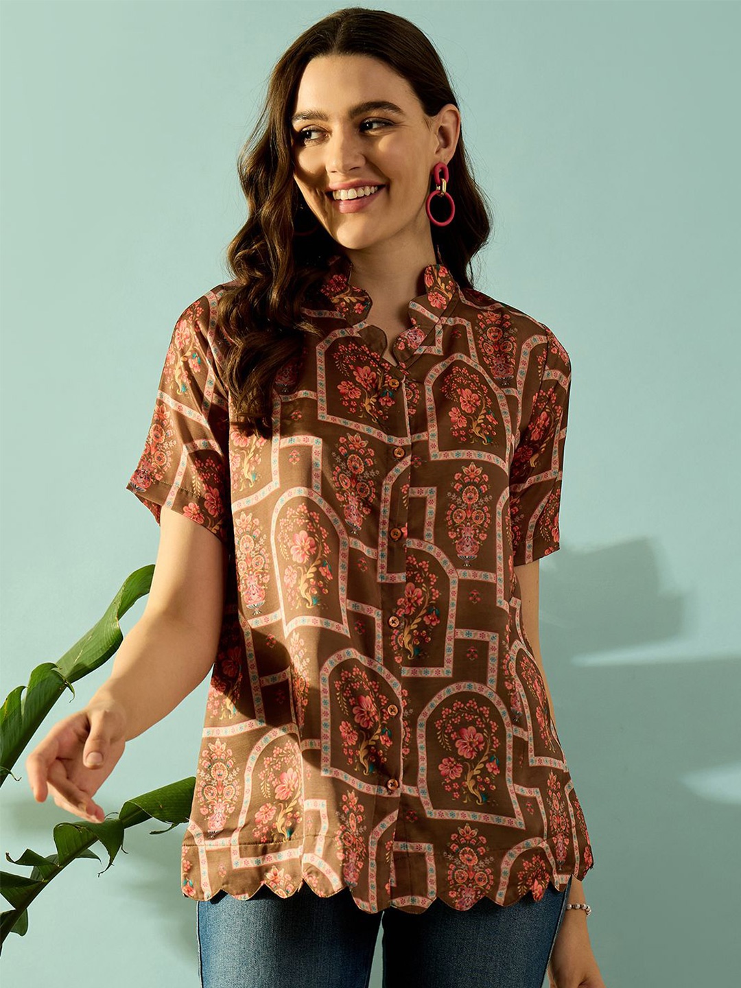 

The Kaftan Company Mandarin Collar Ethnic Motifs Printed Top, Brown