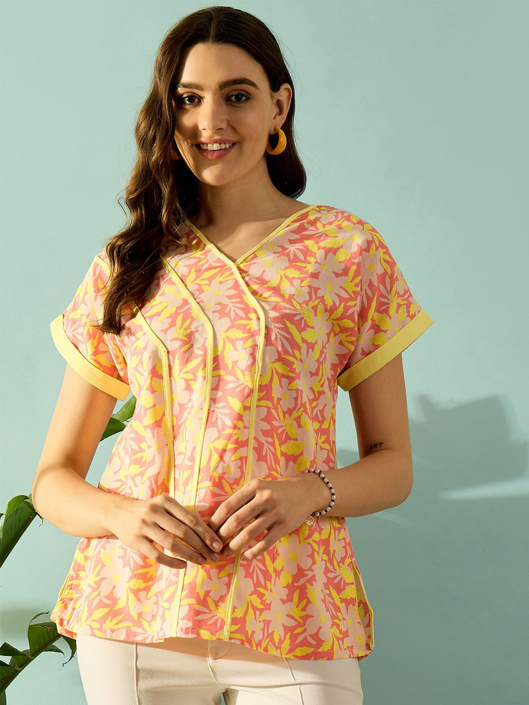 

The Kaftan Company V-Neck Floral Printed Cotton Top, Yellow
