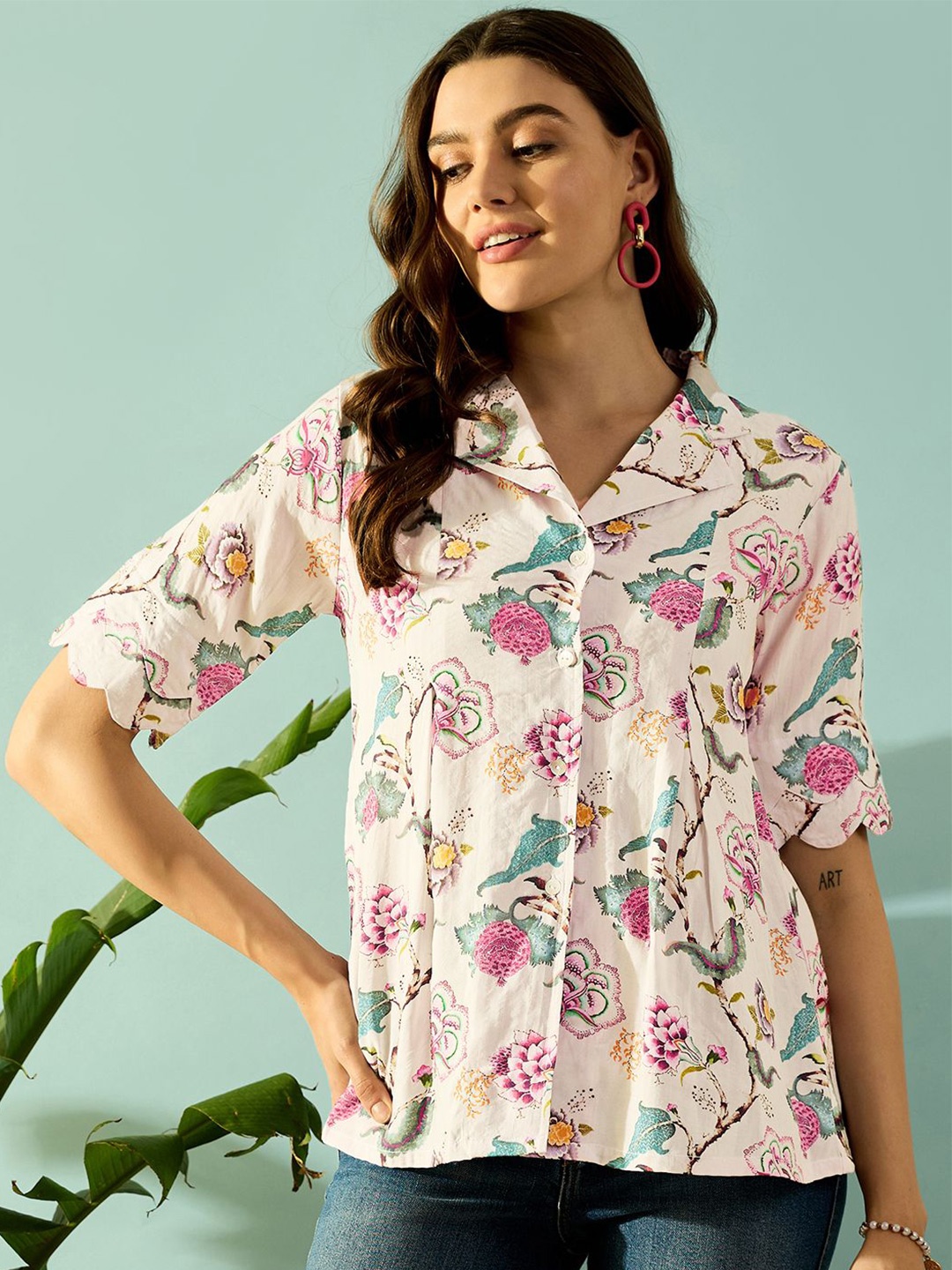 

The Kaftan Company Floral Printed Lapel Collar Top, White