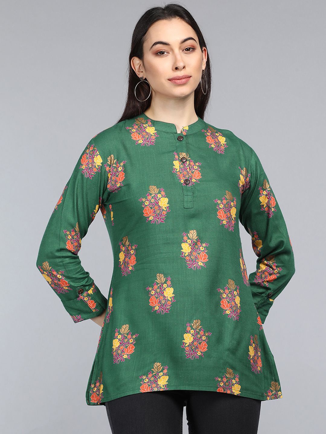 

KALINI Floral Printed Mandarin Collar Cotton Longline Top, Green
