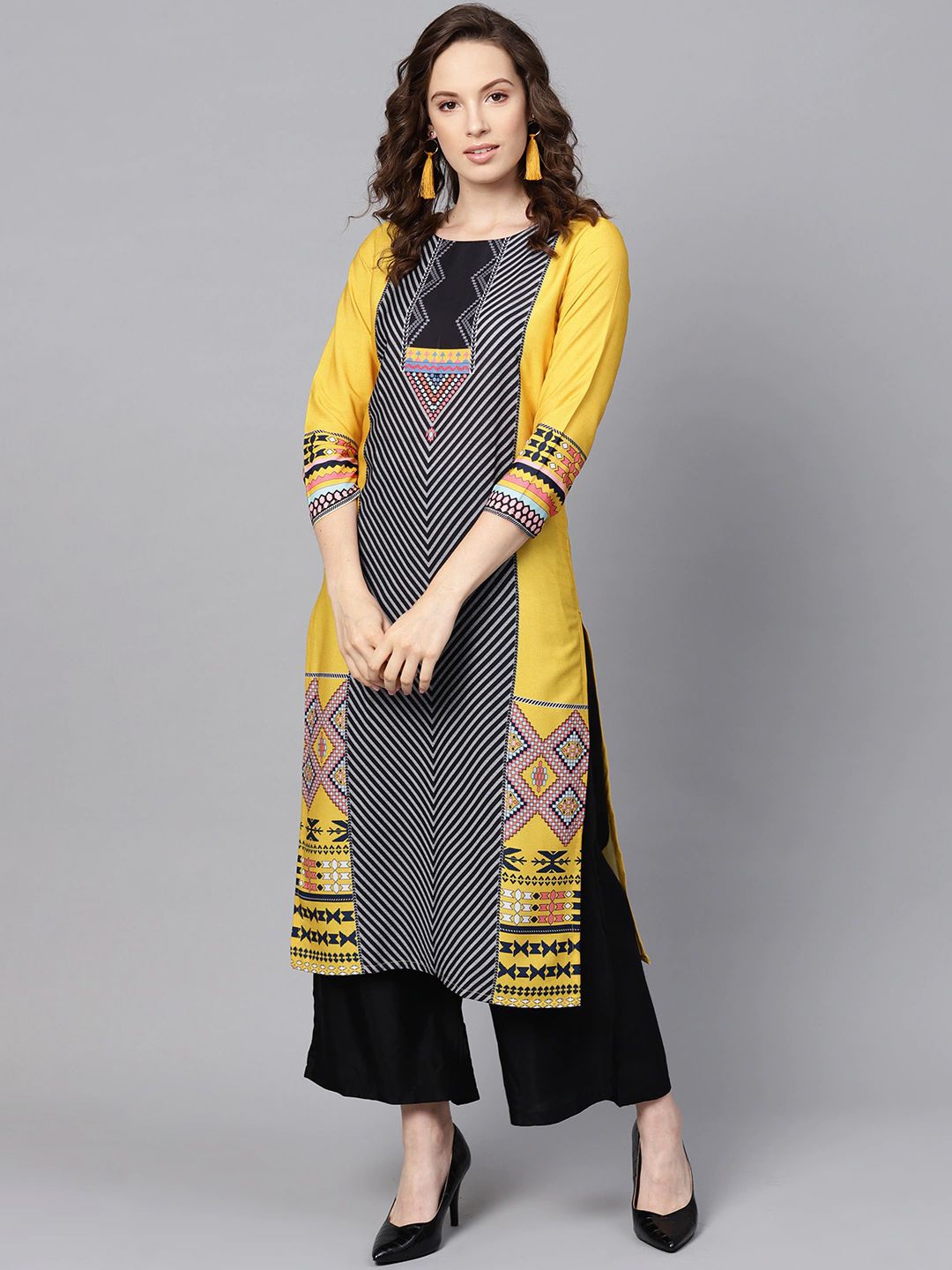 KALINI Women Geometric Striped Mirror Work Crepe Kurta, Yellow