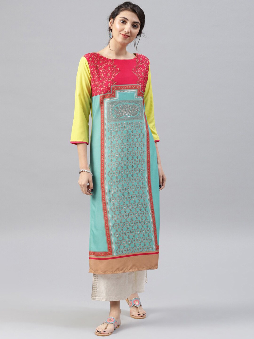 

KALINI Women Geometric Printed Thread Work Kurta, Sea green