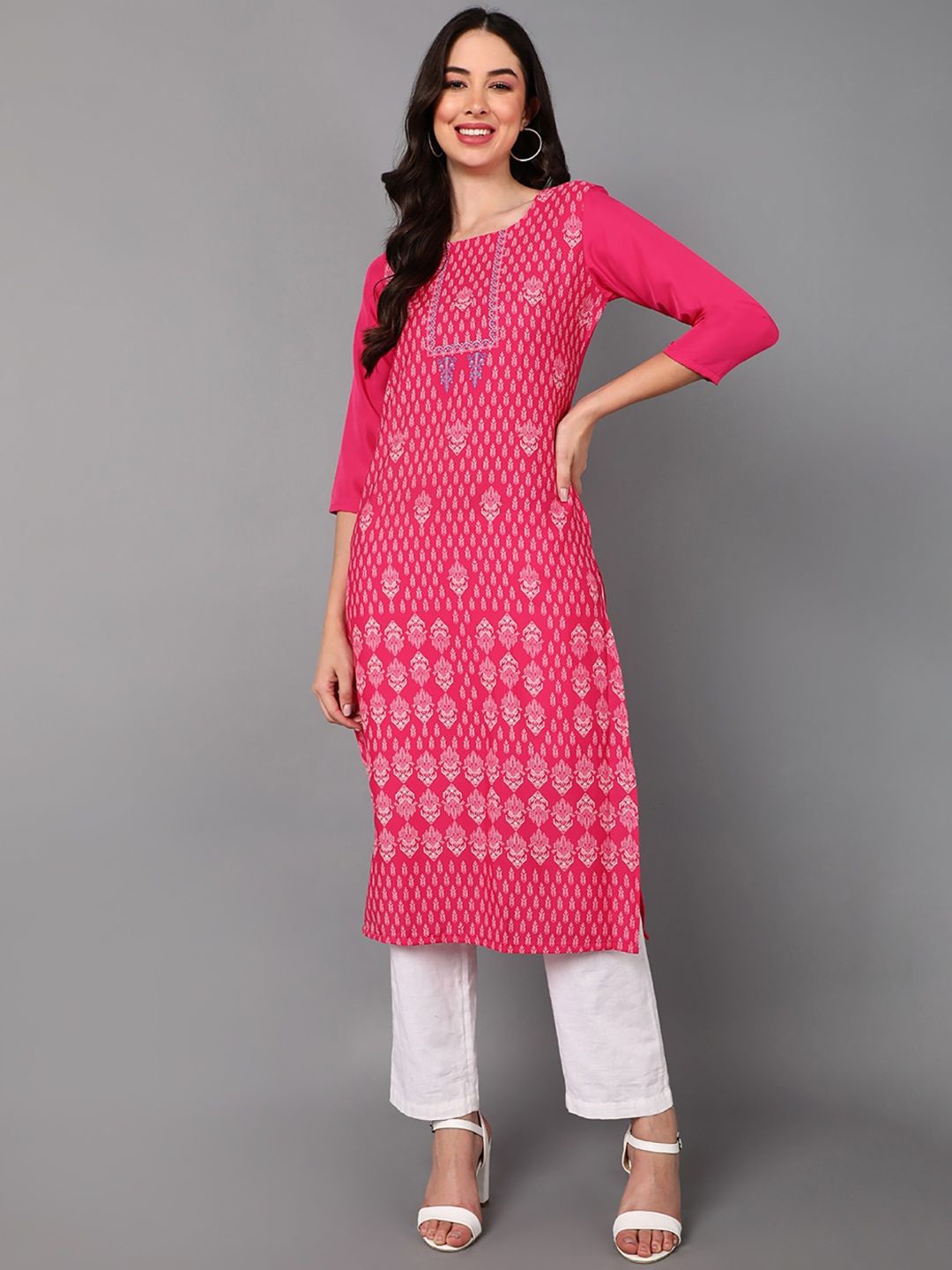 

KALINI Women Geometric Printed Keyhole Neck Chikankari Crepe Kurta, Pink