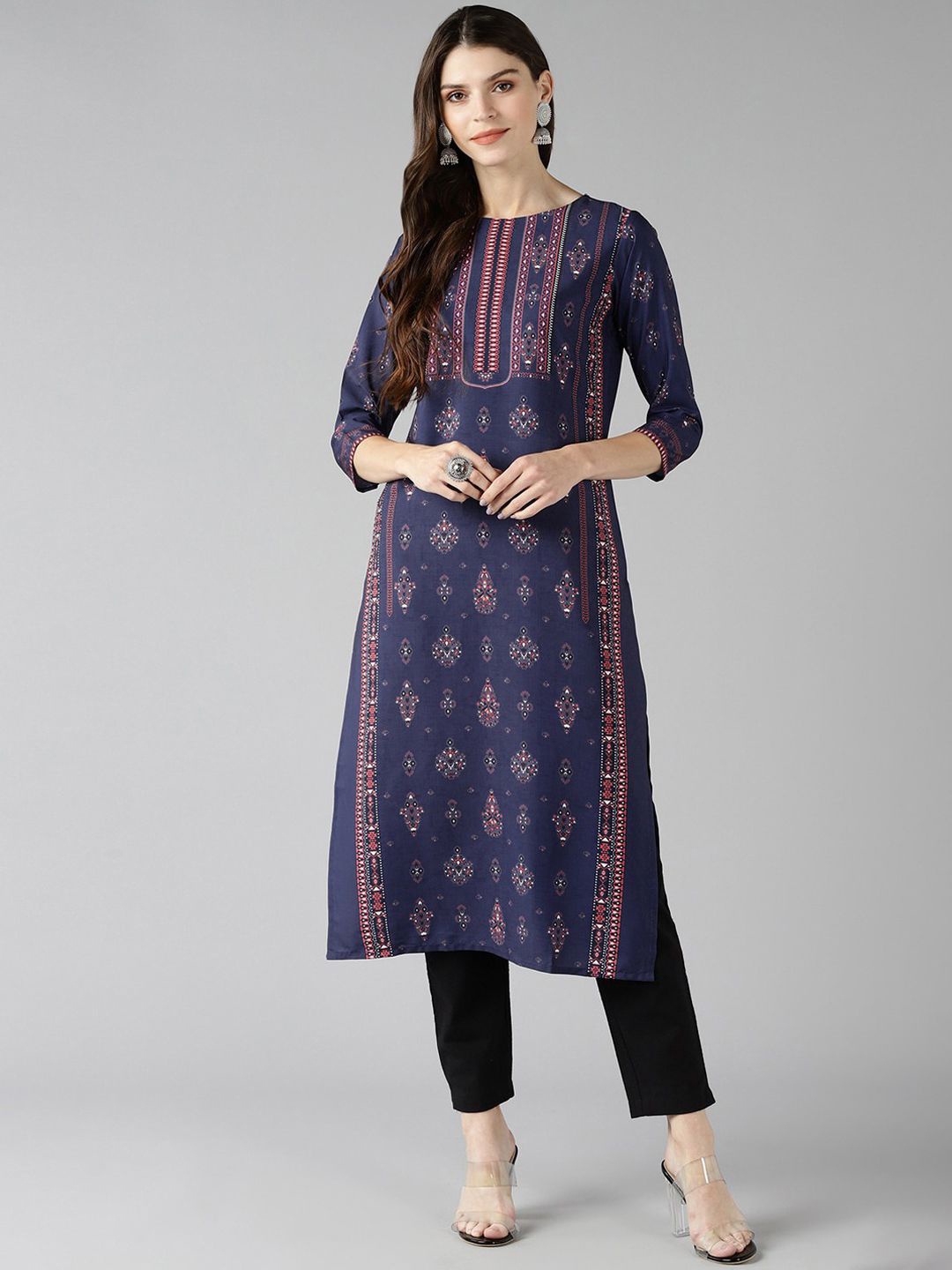 

KALINI Women Geometric Yoke Design Keyhole Neck Sequinned Crepe Kurta, Navy blue