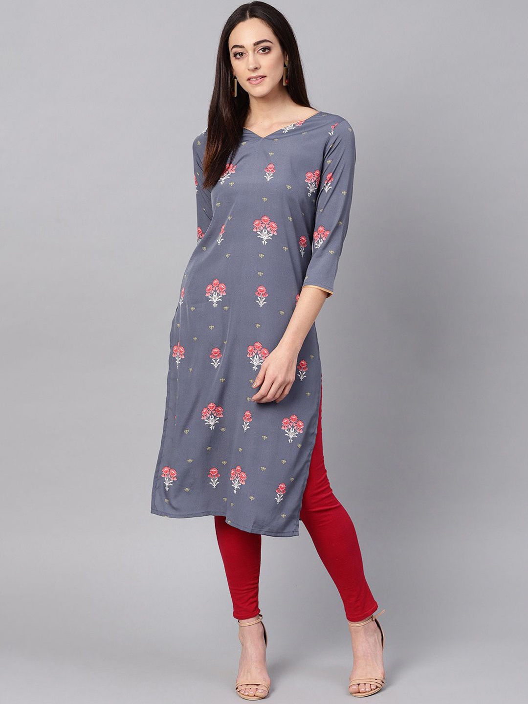

KALINI Women Geometric Embroidered Keyhole Neck Flared Sleeves Thread Work Crepe Kurta, Grey