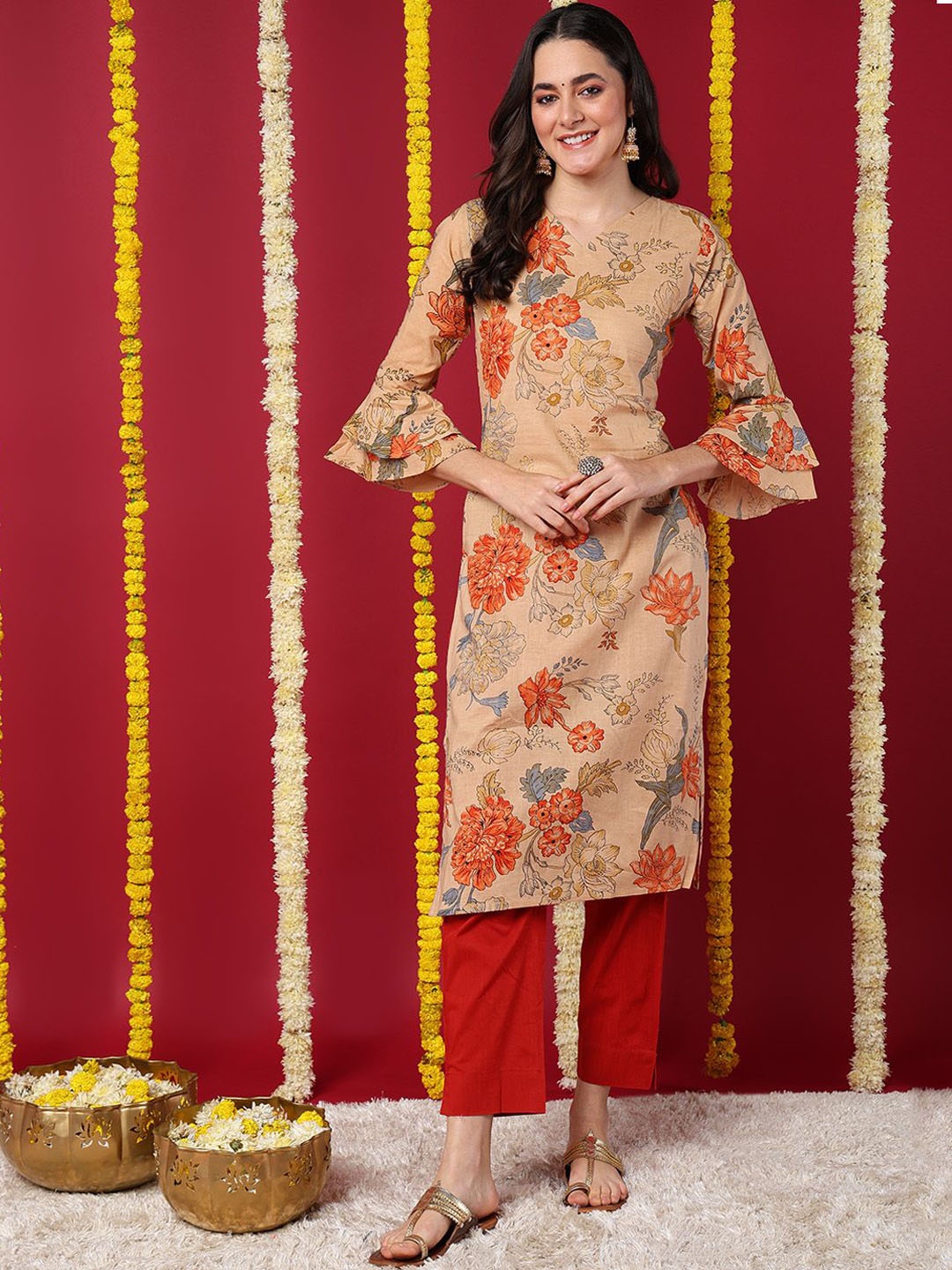 

KALINI Women Ethnic Motifs Printed Flared Sleeves Mirror Work Kurta, Beige