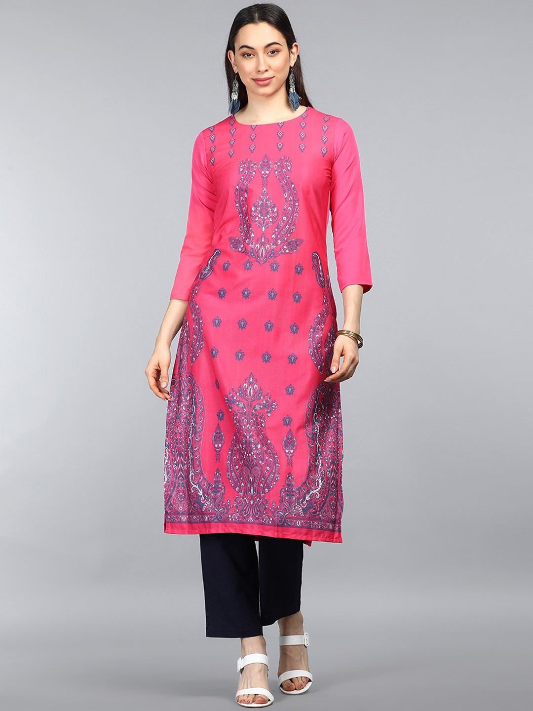 

KALINI Women Floral Embroidered Flared Sleeves Mirror Work Crepe Kurta, Pink