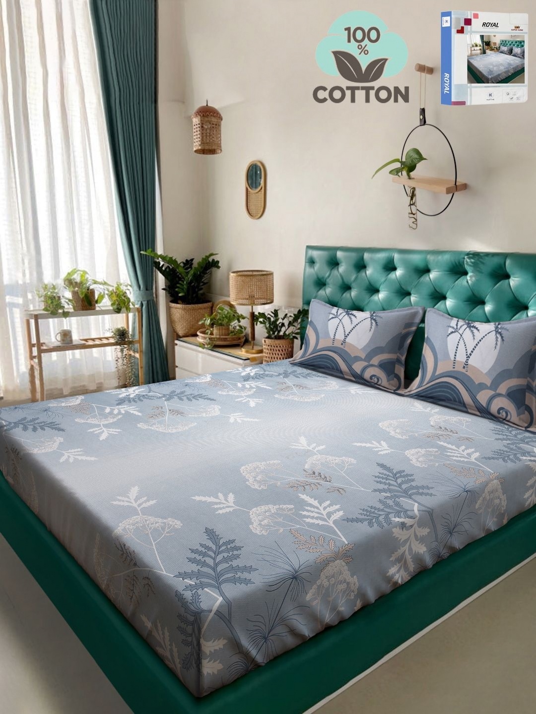 

KLOTTHE Grey Floral Pure Cotton 400TC Super King Bedsheet & 2 Pillow Covers