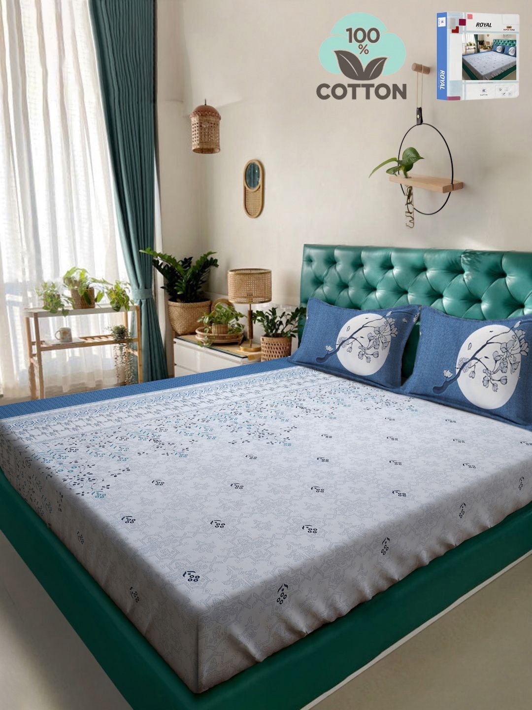 

KLOTTHE Blue Floral Printed 400TC Pure Cotton Super King Bedsheet Set