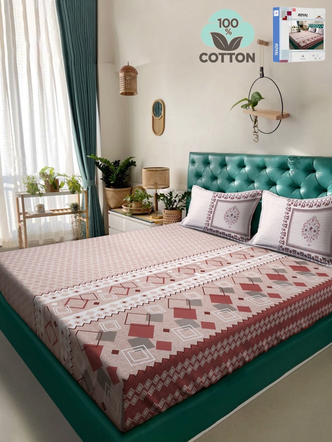 

KLOTTHE Peach & White Geometric Pure Cotton 400TC Super King Bedsheet & Pillow Cover