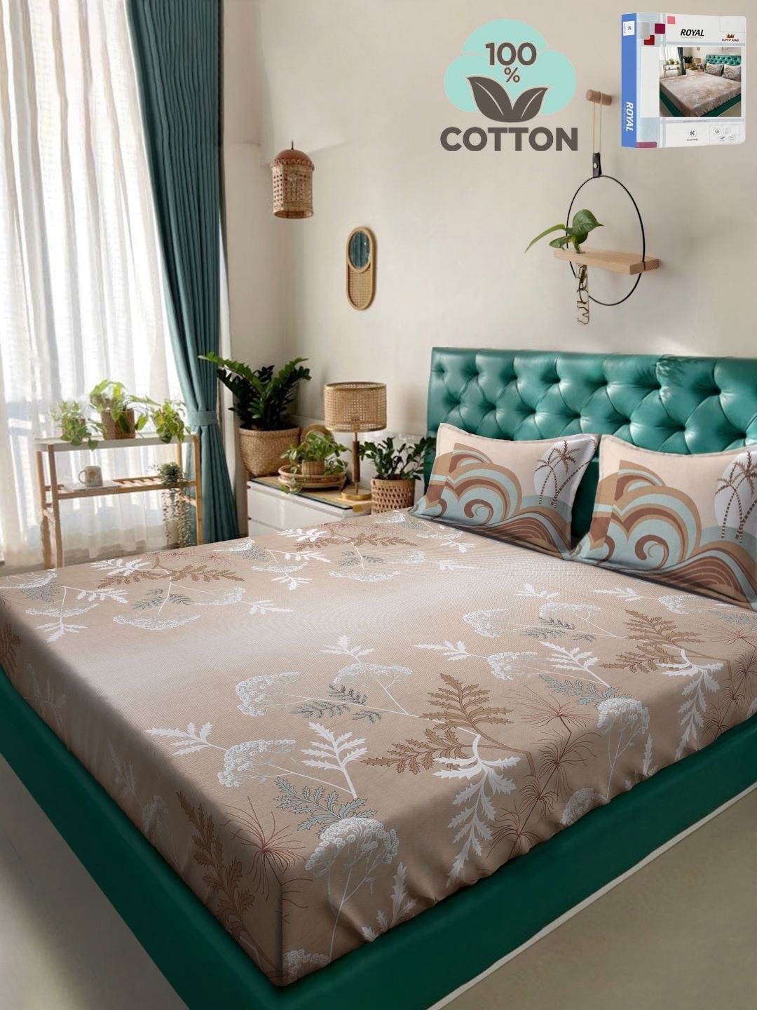 

KLOTTHE Beige Floral Printed 400TC Pure Cotton Super King Bedsheet Set