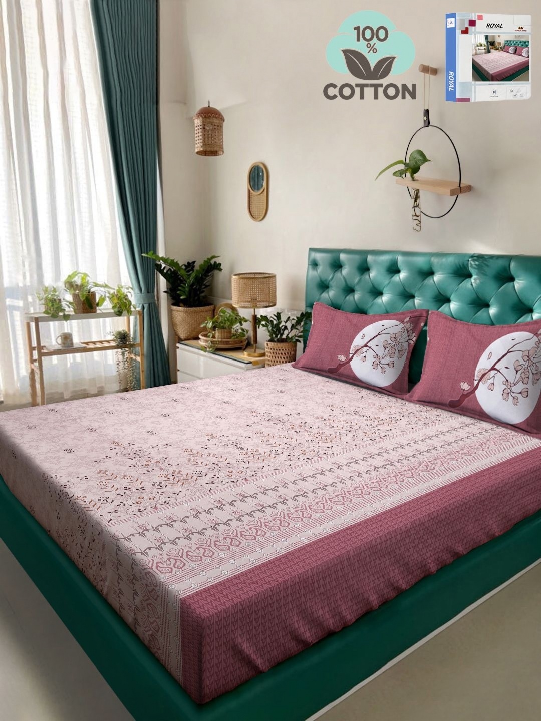 

KLOTTHE Magenta Printed 400TC Pure Cotton Super King Bedsheet Set