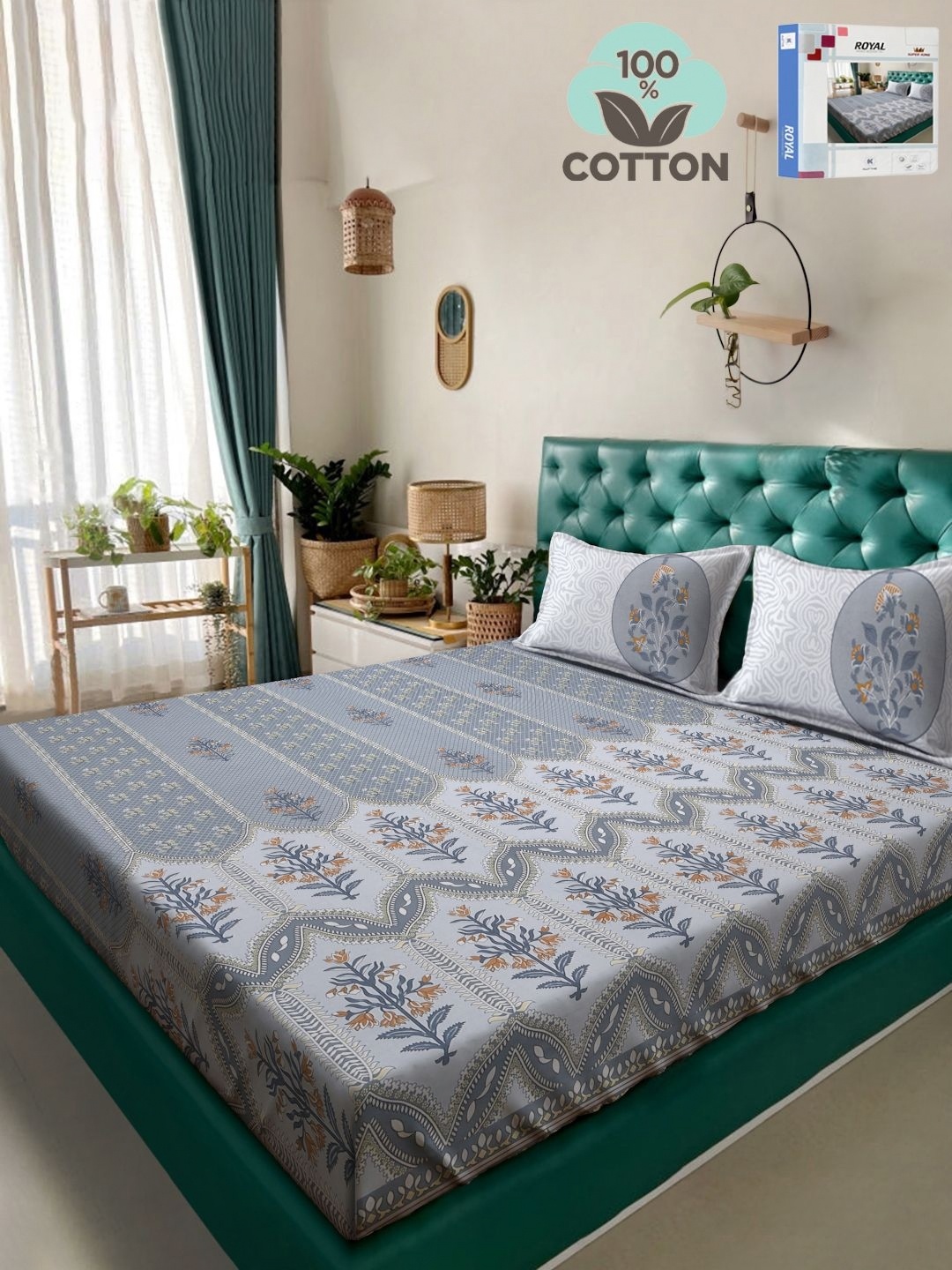 

KLOTTHE Grey & White Floral Pure Cotton 400TC Super King Bedsheet & 2 Pillow Covers