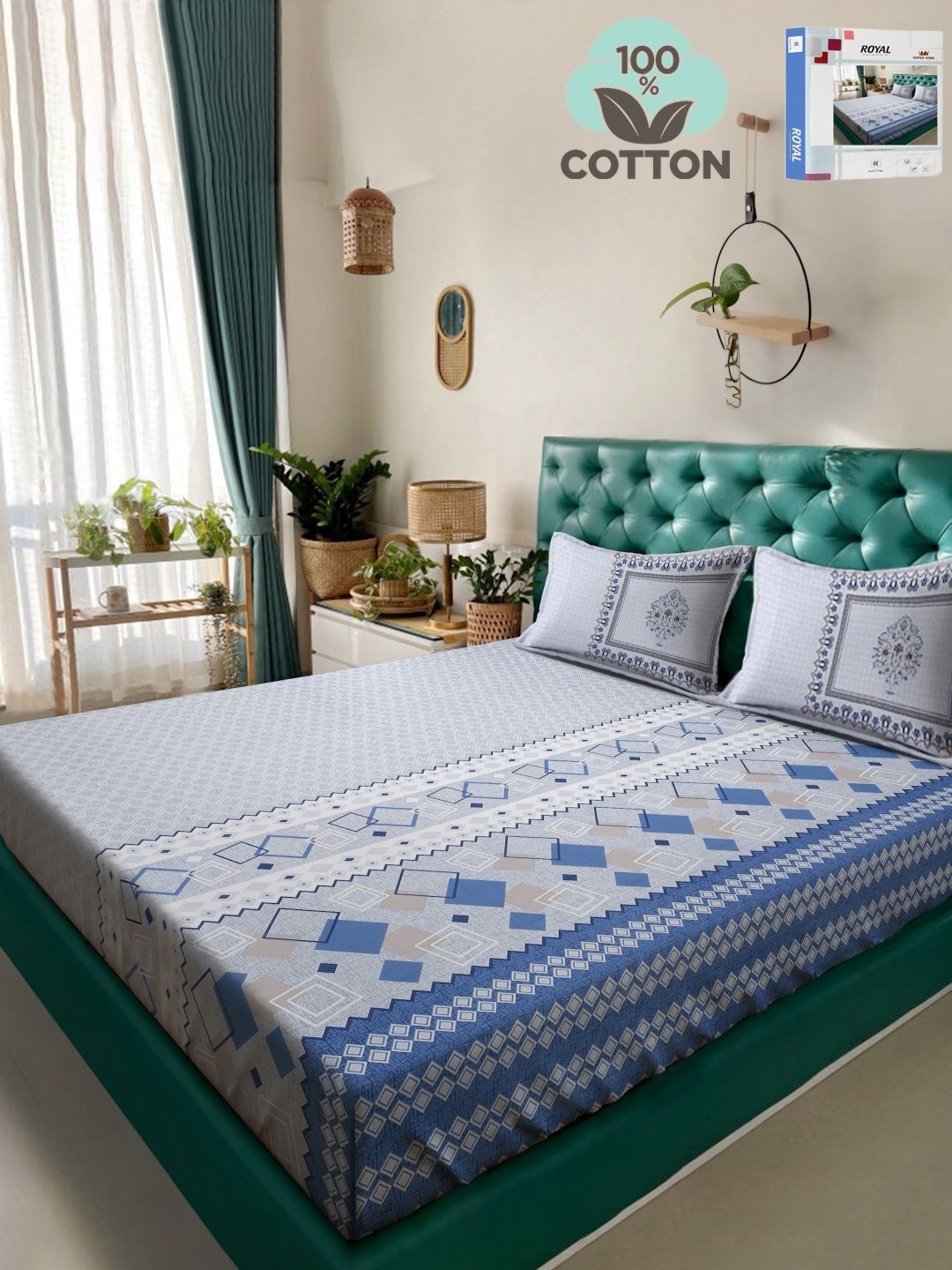 

KLOTTHE Blue Geometric Printed 400TC Pure Cotton Super King Bedsheet Set